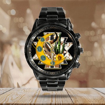 Discover Western Boho Bull Skull Cactus Cowhide Aztec Turqoise Moon Calendar Steel Band Watch