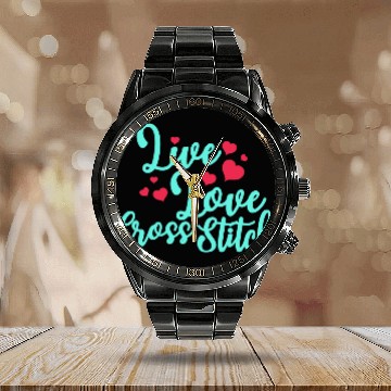 Discover Womens Live Love Cross Stitch Calendar Steel Band Watch