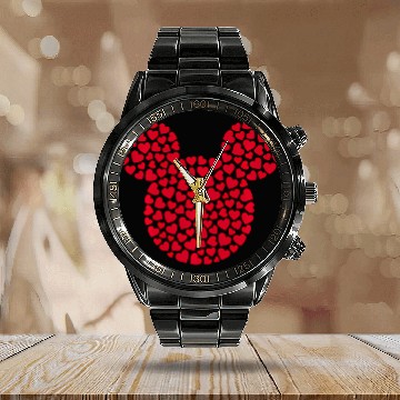 Discover Disney Mickey Mouse Icon Filled With Red Hearts Calendar Steel Band Watch
