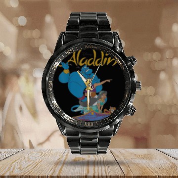 Discover Disney Aladdin  Group Shot Logo Calendar Steel Band Watch