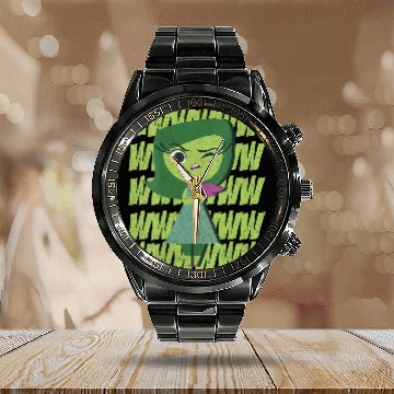Discover Disney Pixar Inside Out Disgust Ewww Retro Text Stack V-Neck Calendar Steel Band Watch