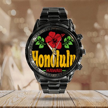 Discover Honolulu Hawaii Flowers Distressed Color Print Calendar Steel Band Watch