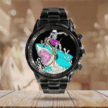 Discover Funny Skeleton Surfing Shark Halloween Calendar Steel Band Watch