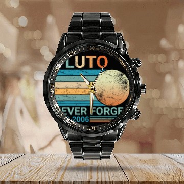 Discover Pluto Never Forget Science Space Graphic Retro Calendar Steel Band Watch