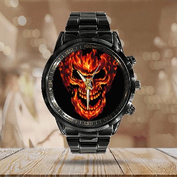 Discover Fire Flame Skull Awesome New Calendar Steel Band Watch