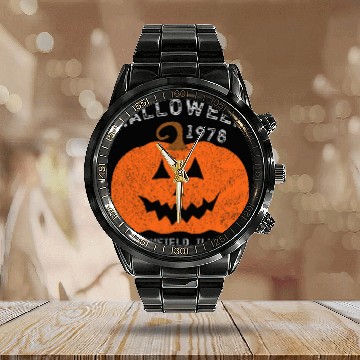 Discover Halloween 1978 Holiday Spooky Scary Pumpkin Haddonfield Calendar Steel Band Watch