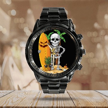 Discover Skeleton Surfing Halloween Hawaii Surfer Calendar Steel Band Watch