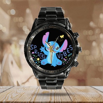 Discover Disney Stitch with Flowers Butterfly Easter Spring Vibes 3D Calendar Steel Band Watch
