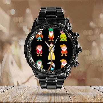 Discover Disneyss Snow White Pixelated Dwarfs Graphic Calendar Steel Band Watch