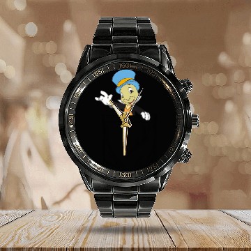Discover Disney Pinocchio Jiminy Cricket Faux Pocket Calendar Steel Band Watch