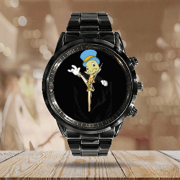Discover Disney Pinocchio Jiminy Cricket Faux Pocket Baseball Tees Calendar Steel Band Watch
