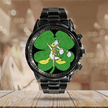 Discover Disney Donald Duck Retro Shamrock St. Patrick's Day Calendar Steel Band Watch