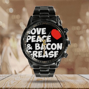 Discover Love Peace and Bacon Grease Calendar Steel Band Watch