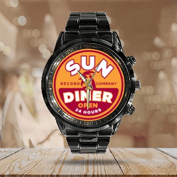 Discover Sun Diner Record Rooster Calendar Steel Band Watch