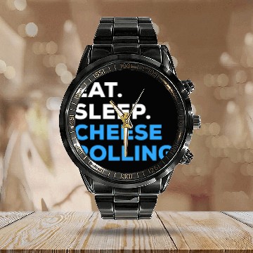 Discover Eat Sleep Cheese Rolling Calendar Steel Band Watch