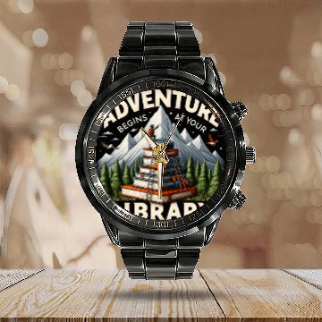 Discover Adventure Begins At Your Library Book Lover Camping Nature Calendar Steel Band Watch