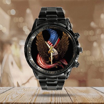 Discover American Bald Eagle American Flag Calendar Steel Band Watch