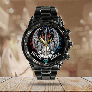 Discover Guitar Lover Distressed vintages Retro 80s Rock Roll Wings Calendar Steel Band Watch