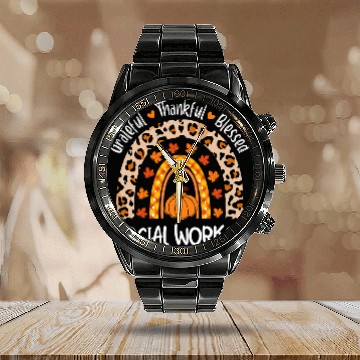 Discover Grateful Thankful Social Worker Leopard Rainbow Thanksgiving Calendar Steel Band Watch