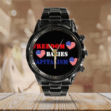 Discover Freedom Babies Capitalism American Flag Hearts Calendar Steel Band Watch