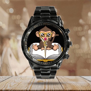 Discover Funny Monkey Book Reading Ape Literature Calendar Steel Band Watch