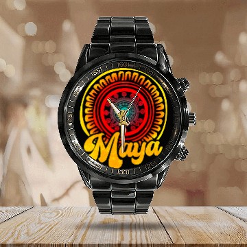 Discover Maya Mayan Pattern Civilization Mesoamerica Central America 3 Calendar Steel Band Watch