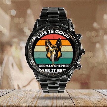 Discover dog lovers life is good a German Shepherd makes it Better Zip Calendar Steel Band Watch