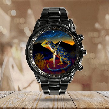 Discover Gecko Lover Surrealism Starry Night Mediterranean Gecko Calendar Steel Band Watch