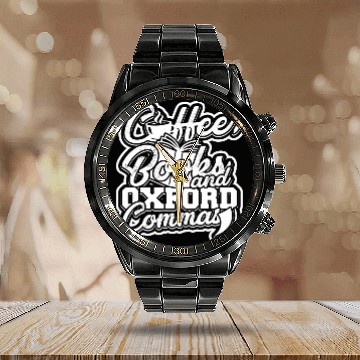 Discover Coffee books and oxford commas Bookmark Reading Calendar Steel Band Watch