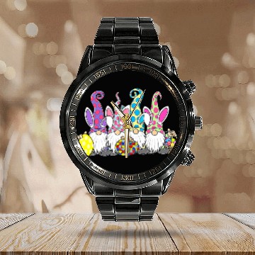 Discover Autism Funny Gnome Bunny Autism Awareness Support Happy Easter Day 3 Neurodiverse Calendar Steel Band Watch