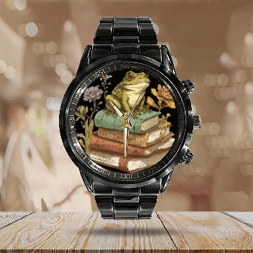 Discover Cottagecore Aesthetic Frog Reading Book Mushroom Lover 6 Calendar Steel Band Watch
