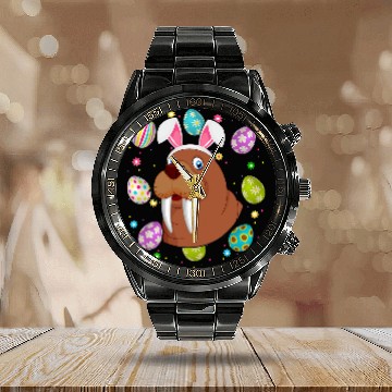 Discover Funny Easter Egg Lover Bunny Ear Walrus Face Easter Sunday Calendar Steel Band Watch