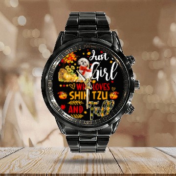 Discover Autumn Tree Shih Tzu Thanksgiving Pumpkin Dog Fall Leaf 1 Calendar Steel Band Watch
