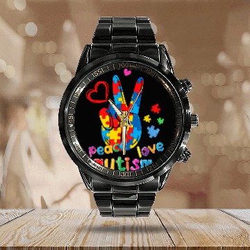 Discover Autism Day Puzzle Ribbon Peace Love Neurodiverse Baseball Tees Calendar Steel Band Watch
