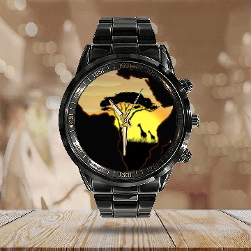Discover Africa Map African landscape savannah sunset giraffe Baseball Tees Calendar Steel Band Watch