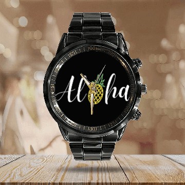Discover Aloha tropical cute pineapples design Hawaiian beaches travel Calendar Steel Band Watch