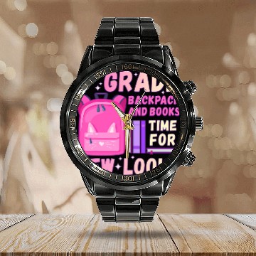 Discover Back To School 1st Grade Girl Pink School Backpack cat Calendar Steel Band Watch