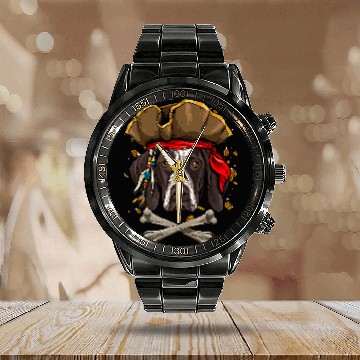 Discover Dog German Shorthaired Pointer Dog Pirate Jolly Roger Crossbones Calendar Steel Band Watch