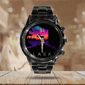 Discover Alaska Moose Aurora Borealis Alaska State Landscape Baseball Tees Calendar Steel Band Watch