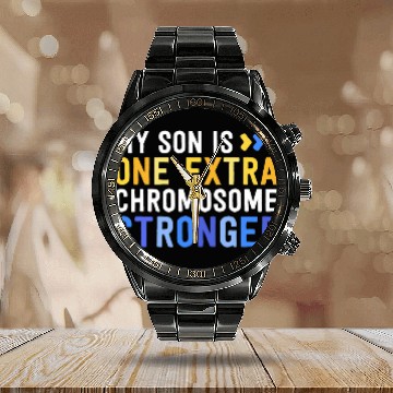 Discover Family Down Syndromes Awareness My Son One Extra Chromosome Calendar Steel Band Watch
