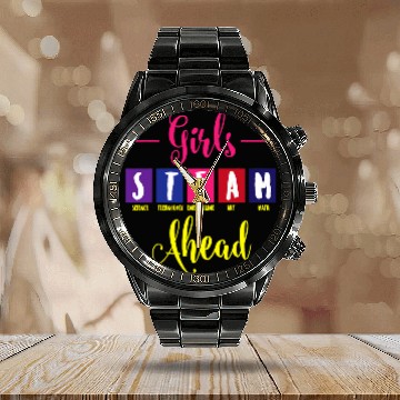 Discover Girls STEAM Ahead Science Technology Engineering Art Math Baseball Tees Calendar Steel Band Watch