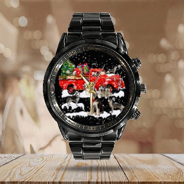 Discover Dog Husky Driving xmass Truck Christmas Tree Lights Baseball Tees Calendar Steel Band Watch