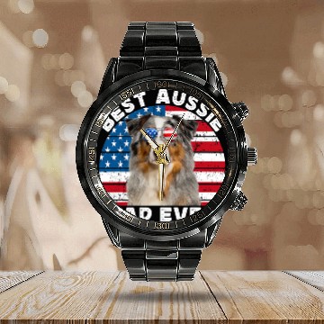 Discover Blue Merle Aussie Dad Australian Shepherd Dog American Flag Calendar Steel Band Watch