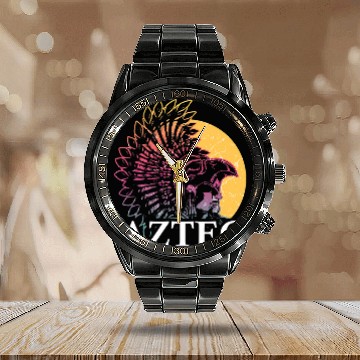 Discover Aztec Warrior King Mexican Native Art Maya Mayans 6 Zip Calendar Steel Band Watch