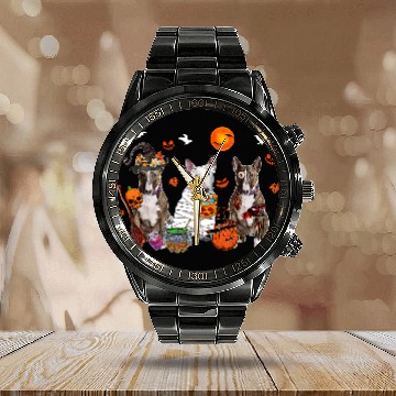 Discover Three Bull Terrier Dogs Witch Scary Mummy Halloween Zombie Calendar Steel Band Watch