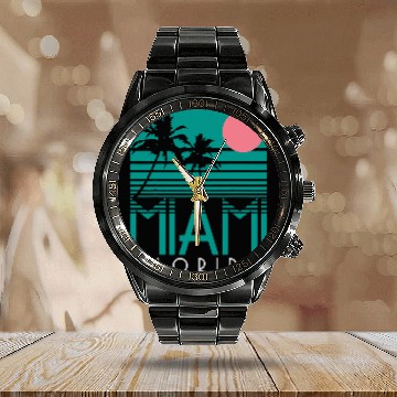 Discover Surf Life Miami Florida vintages Retro Palm Trees Beach Summer Surf Calendar Steel Band Watch