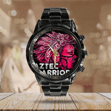 Discover Aztec Warrior King Mexican Native Art Mayans 9 Calendar Steel Band Watch