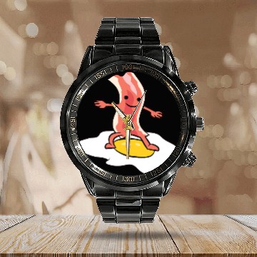 Discover Surf Life Kawaii Bacon Surfing On Fried Egg Breakfast Egg and Bacon Calendar Steel Band Watch