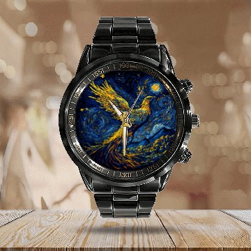 Discover Surrealism Starry Night Phoenix Bird 69 Calendar Steel Band Watch