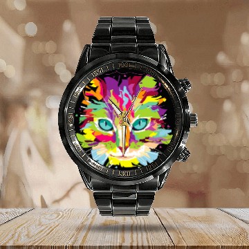 Discover Cat Face MultiColored Art Baseball Tees Calendar Steel Band Watch